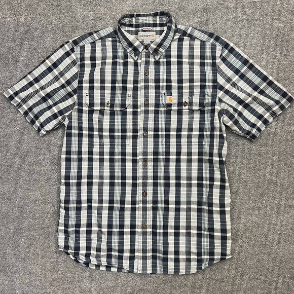 Carhartt Shirt Mens M Gray Navy Plaid Relaxed Workwear Short Sleeve Button Down - Picture 1 of 9